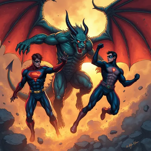 Prompt: En demon drake som slåss mot superhjältar