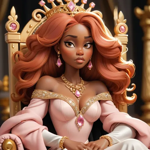 Prompt: A beautiful black princess, she sits upon a throne with her beautiful auburn hair flowing down her shoulders, bright diamond earrings complimenting her round face. She’s layered in golden jewelry that compliments her skin tone. While wearing a beautiful, but bit revealing pink, white, and gold dress that compliments her curvy figure.