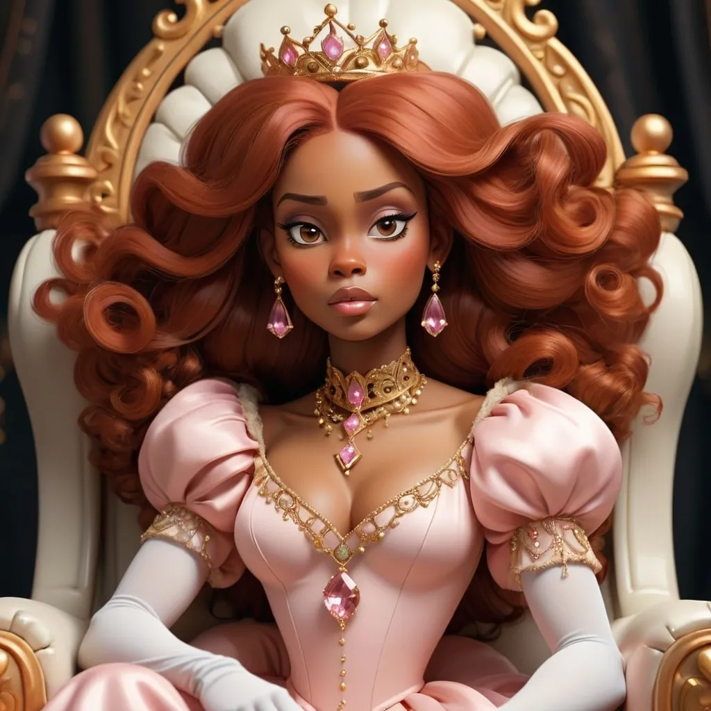 Prompt: A beautiful victorian black princess, she sits upon a throne with her beautiful auburn hair flowing down her shoulders, bright diamond earrings complimenting her round face. She’s layered in golden jewelry that compliments her skin tone. While wearing a beautiful, but bit revealing pink, white, and gold dress that compliments her curvy figure.