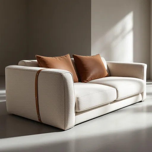 Prompt: A modern, designer two-seater sofa inspired by B&B Italia. The sofa features a low and wide silhouette with deep, soft seating. It is upholstered in light beige textured fabric (bouclé or woven). The backrest has large, loose cushions — two of them made from brown leather, and the others matching the fabric. The sofa includes decorative brown leather straps with silver buckles, placed only on the outer side panels of the armrests. There are no straps or seams on the seat or front. The design is elegant, minimal, and premium, with a hidden sleeping mechanism suggested by a faint seam. The sofa stands in a soft-lit, neutral setting, perfect for modern interiors.