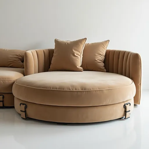 Prompt: A luxurious, contemporary two-module corner sofa bed featuring generous proportions, rounded contours, and inviting softness. Upholstered in premium-quality velvet fabric in warm, earthy beige tones, enhancing its cozy and sophisticated appeal. Deep, plush cushions provide exceptional comfort, creating a relaxed and welcoming aesthetic. Subtle,  details with minimalist buckles positat the lower corners accentuate the sofa’s distinctive character without overwhelming its elegant simplicity. A perfect balance of modern design, comfort, and understated luxury.