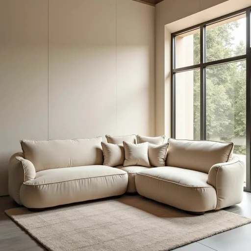 Prompt: A modern, modular sofa system consisting of exactly three elements: a corner module, a middle module, and a pouf. Each module has soft, rounded shapes with elegant decorative stitching that enhances the curves. The sofa is upholstered in high-quality light beige fabric, featuring deep, plush cushions for maximum comfort. It stands on low-profile legs, maintaining a sleek and contemporary aesthetic. The setup is in a bright living room with large windows, beige walls, and warm natural light. The three modules can be arranged in multiple ways, offering a versatile yet minimalistic design. Photorealistic, high-resolution, studio lighting.”