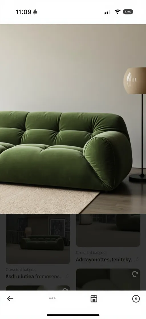 Prompt: Redesign the armrest of this sofa to be more plush and rounded, inspired by the style of the attached green sofa. Keep the seat and backrest exactly as they are. The new armrest should be soft, wide (around 30 cm), and match the height of the backrest. Add light tufting or soft contouring to give it a luxurious, padded look. Maintain the same fabric and color as the original sofa.
