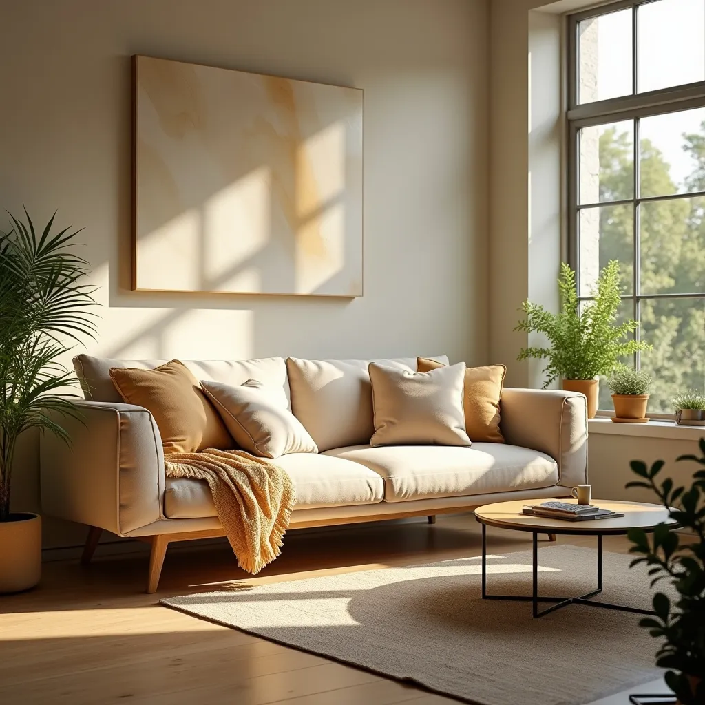 Prompt: The image features a modern, cushioned sofa with a soft, muted beige upholstery. The lighting is bright, highlighting the rich texture of the fabric, and the overall color palette is warm and inviting, evoking a cozy and contemporary atmosphere.