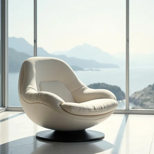 Prompt: A cozy, elegantly designed swivel chair in a soft cream hue sits on a light-colored floor, its plush upholstery welcoming relaxation. The chair's rounded back and generous cushions create a sense of comfort, while the sleek black base adds a modern touch, contrasting gently with its softness. Behind the chair, large windows reveal a serene view of distant mountains and a tranquil shoreline, bathed in soft daylight, suggesting a peaceful indoor-outdoor connection. The overall composition is minimalist yet inviting, with the chair positioned as a focal point in a bright, airy space that exudes calmness and simplicity. This scene captures a moment of tranquility, where modern design meets natural beauty, inviting one to pause and unwind.