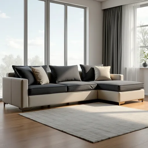 Prompt: A modern modular corner sofa with deep seats and loose back cushions, featuring a visible soft rounded piping (polwałek) detail under each seat cushion. The upholstery is two-tone: dark charcoal cushions and a light beige base. Very low, minimalist chrome legs, barely visible. The sofa has clean lines, a contemporary shape, and is placed in a bright modern living room with large windows, wooden flooring, and minimal decor. Natural daylight, soft shadows, high-resolution studio-style rendering.
