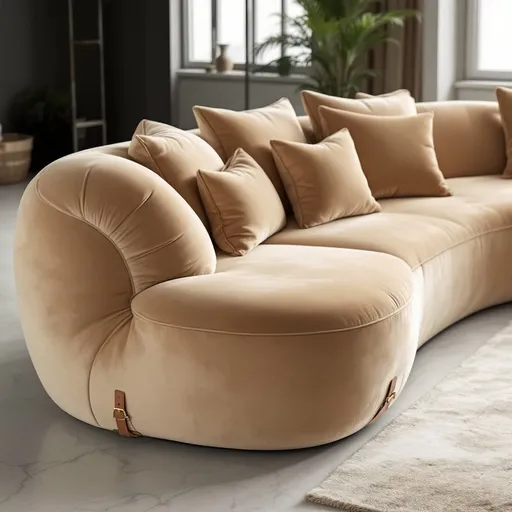 Prompt: A luxurious, contemporary corner sofa bed composed of two modules, presented entirely within the frame. Featuring plush, rounded shapes and upholstered in premium, earthy beige velvet fabric. Generously padded, loose cushions ensure maximum comfort, inviting relaxation. Subtle decorative leather straps with minimalist buckles are elegantly positioned at the lower corners, enhancing its sophisticated design without overwhelming the overall minimalist aesthetic. Displayed fully, clearly showcasing its proportions, stylish comfort, and modern elegance