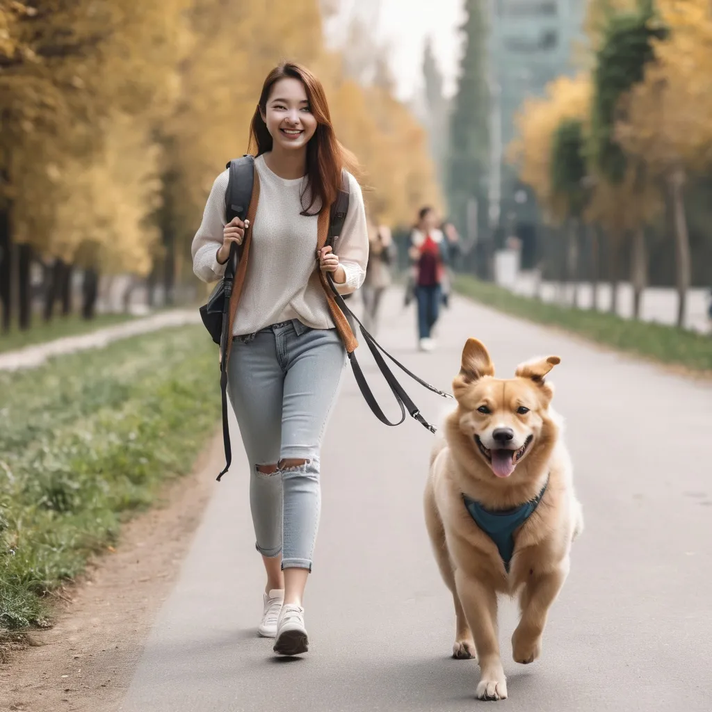 Prompt: young women with fully smile with dog on the walking