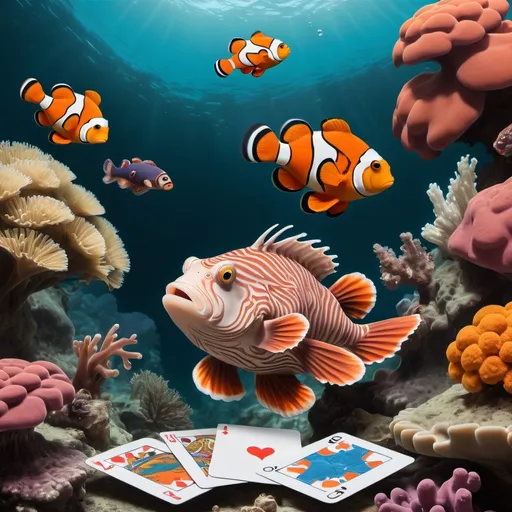 Prompt: A grouper smoking a cigarette playing cards with an octopus in a coral reef while a group of clownfish watch them from a distance 