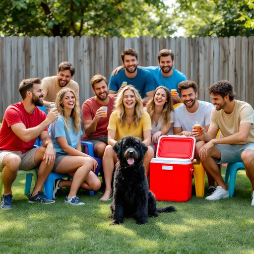 Prompt: A lively gathering of ten friends captures a moment of camaraderie in a sunny backyard setting, with vibrant green grass and a wooden fence in the background. The group is arranged in a fun, relaxed pose; some are seated on plastic chairs while others kneel or crouch around them, showcasing a variety of casual attire, including T-shirts and shorts, with several individuals holding drinks. Among them, a playful black dog sits at the forefront, adding warmth to the scene. Laughter and lightheartedness are palpable, as smiles and silly expressions highlight the joyous atmosphere, encapsulating a day of friendship and leisure. The soft, natural light emphasizes the colors of their outfits and the lush greenery, enhancing the carefree vibe of this outdoor reunion.