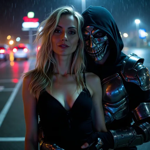 Prompt: The image shows a woman in a dark parking lot setting, wearing black. The image shows a woman with blonde hair wearing a black dress, BIG BREAST XL being choked by a man cyberpunk, masked man, dark torn hood, dark rainy foggy night, intricate dark and chrome damaged armor, smoke and embers, neon, chaos in the back ground, cartoon lighting, dramatic lighting 