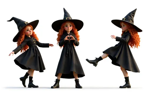 Prompt: 3D animation female witch a968e9b3 with long, wavy orange hair, black witch hat, dark cloak with a belt and buttons Multiple instances of the same character in different poses on a white background. The character is shown: Dancing: mid-dance move, arms and legs in rhythmic motion, joyful expression. Making a heart shape: hands forming a heart shape in front of the chest, warm smile. Kicking: one leg extended in a kicking motion, arms for balance, determined look. Walking: mid-stride, one foot in front of the other, natural arm swing, casual pose. Background: Clean white background, providing a pristine backdrop. Ample space between poses. Character design consistent across all poses. Arrange poses in a visually pleasing composition across the image.
