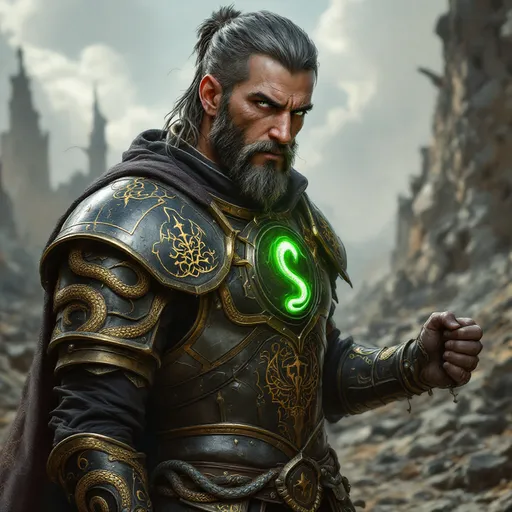 Prompt: A hyper-realistic portrait of Alin Durqua, a scarred face male, emerges on a ruined battlefield. Picture a battle-hardened warrior-priest in snake-engraved Plate Armor, burnished steel with golden serpent markings, a green ghost snake visbily coming out of the breastplate. His focus shines through steel-gray eyes and rugged features with faint scars. He wields a mystical Warhammer with glowing green runes and a Snakebite Longsword holstered. In the midst of ancient ruins and shadows, beneath dramatic lighting, Alin's formidable presence demands ultra-realistic rendering.