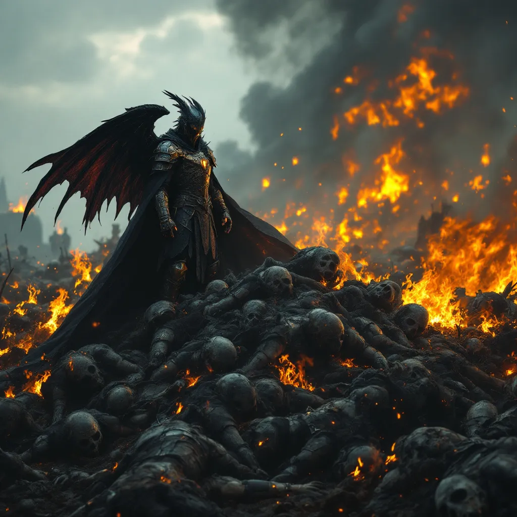 Prompt: BODIES OF dead men dressed in black clothing, some wearing armor, stacked up on top of each other and were lit on fire on the battlefield with one man still alive wearing platemail armor, and a helmet with dragon wings holding a glowing stone in his hand. 