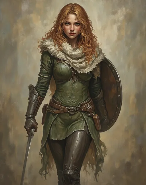 Prompt: full body shot front view of OilPainting art style A strikingly beautiful character, Clarisa embodies power and agility. Her physique boasts a lean frame with defined features. She possesses a slim waist, soft abs, and petite feet. Highlighting her allure are her captivating facial traits: high cheekbones, a sharp jawline, and full lips that reflect a knowing smirk. Let's not overlook her intense green eyes, framed by dark lashes and playful freckles. Her long, wavy auburn hair with fiery undertones cascades gracefully past her shoulders, capturing attention as it moves. This full-body shot in a photorealistic style will bring her to life with vibrant realism. she is full platemail armor and holding a shield. green tunic, chain mail, a fox fur scarf.   face to viewer, background is a suitable beautiful scene