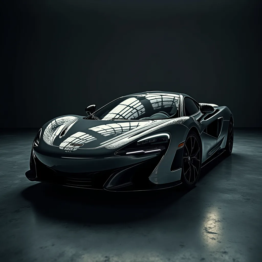 Prompt: A McLaren supercar sits in a dimly lit studio, its sleek, polished body reflecting flickering footage of vintage racing history. The glossy curves capture grainy black-and-white clips of legendary race cars speeding down the track. The reflections ripple across the car’s aerodynamic lines, distorting like memories replaying on a futuristic canvas. The dramatic lighting casts deep shadows, with rim lights subtly outlining the contours of the vehicle, adding to its aggressive presence. The atmosphere is cinematic and immersive, blending hyper-realistic automotive photography with nostalgic motorsport storytelling. There's a faint glow of static interference in the footage bridging past and future in a stunning visual composition, 35mm film.
