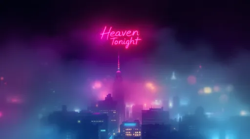 Prompt: fogy background in neon light. A city at night in the shades. at the top there is a neon light sign that says Heaven Tonight