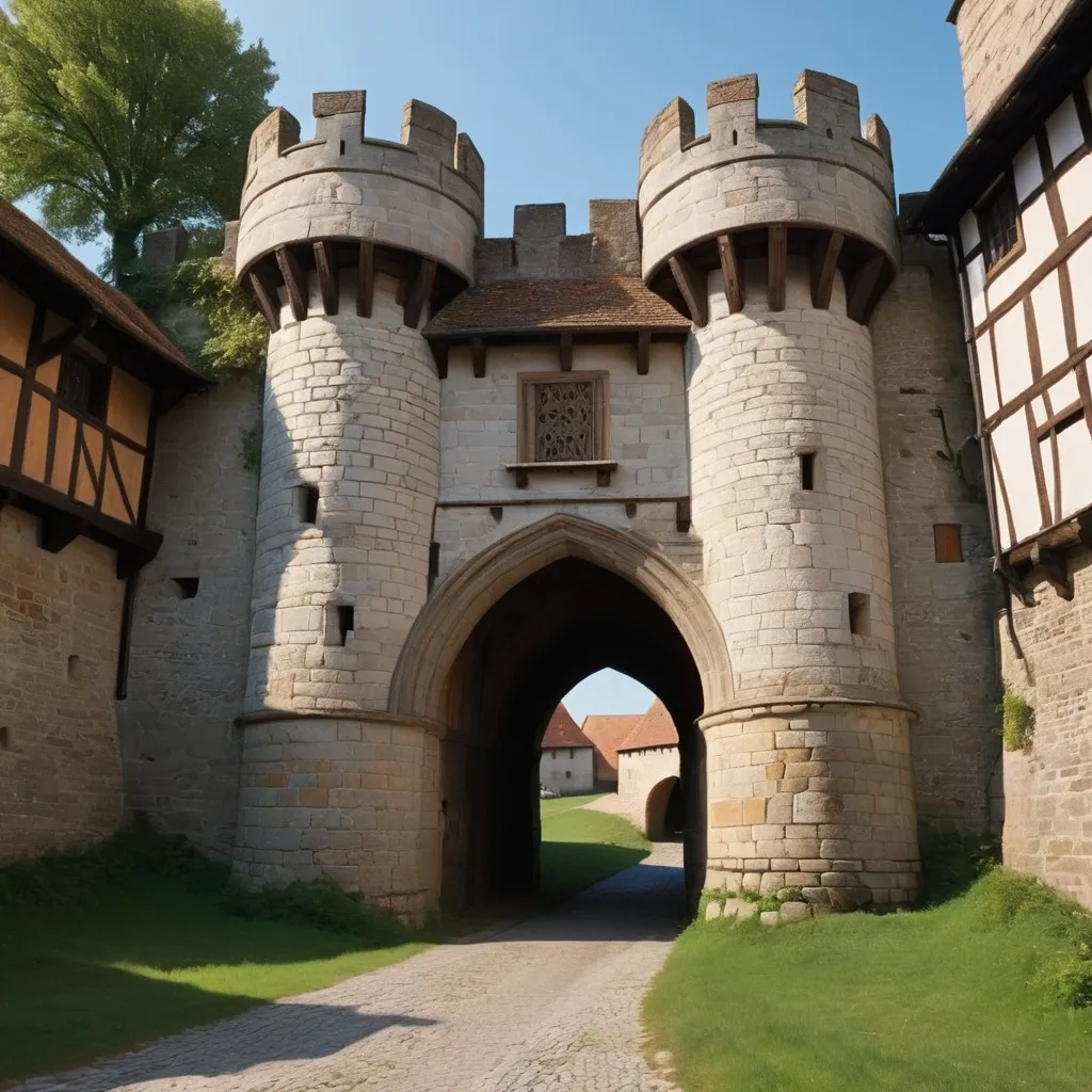 Prompt: a medieval fortified gateway, such as at an outer defense.