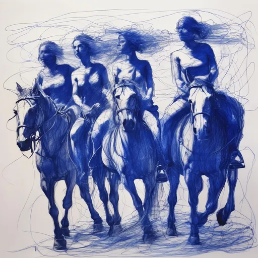 Prompt: a drawing of 5 women on horses made with scribbles and messy lines,blue ballpoint,monochrome