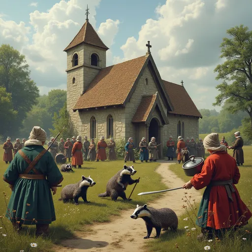 Prompt: image of badgers attacking (like vikings) a small rural english church , which is being defended by a group of old women using pots and pans as weapons. the badgers are in the foreground, and the women are around the church defending the church. 2 groups: one of badgers, one of women 

