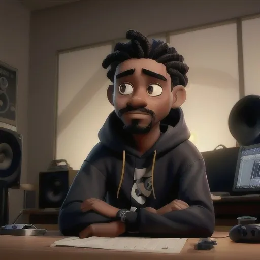 Prompt: A young black man with a mustache, long, dark hair styled in braids sitting in a music studio, wearing over sized headphone,  a black hoodie with a gold rope chain that features a Jesus face on the front. His arms are crossed on the table, with hands gently resting together, conveying a sense of contemplation or seriousness. The soft, diffused lighting creates a relaxed ambiance, highlighting his focused expression as he gazes directly at the apple laptop displaying protools. Surrounding him  illuminated studio setting, studio speakers keyboards and beat machine, suggesting a music producer atmosphere. The overall mood feels introspective, inviting a deeper connection with music.