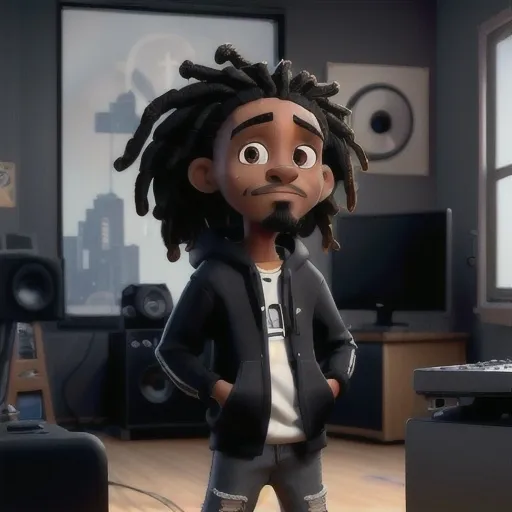 Prompt: Create a young black guy with long loose dreads and thin mustache, wearing oversized headphones, with a black hoodie, standing in a music studio behind the music console station, playing on a MPC, Keyboard, studio speakers, and Mac laptop, Cinematic lightening,