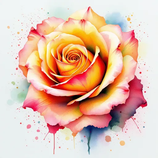 Prompt: A vibrant rose blossoms in a wash of reds, yellows, and greens, creating a dynamic and expressive watercolor piece. The petals are rendered in soft, flowing strokes, accented by splatters of paint that evoke a sense of spontaneity and movement, while delicate outlines hint at the rose's form without overpowering it. The background is a gentle textured light blue, enhancing the flower's brilliance, while subtle splashes of color around the rose add depth and energy to the composition. Overall, this artwork conveys a mood of romance and vitality, inviting the viewer to appreciate the beauty and impermanence of nature through its fluid artistic expression.