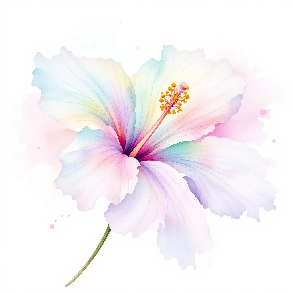 Prompt: Egy vízfestékkel készült festmény, egy hibiszkuszról. A virág szírmai elmosódott, lágy kifakult pasztellszínekkel. Minden szirmon, és a szárán is finom, nem szabályos grafitszínű kontúrok láthatók. A kontúr vonalak eltolódva látszanak, a virág szírmai mentén. A festmény stílusa lágy, akvarell hatású, a háttér világos, és elmosódott, sok pasztellszínű vízfesték szétfröccsenve, kifolyva