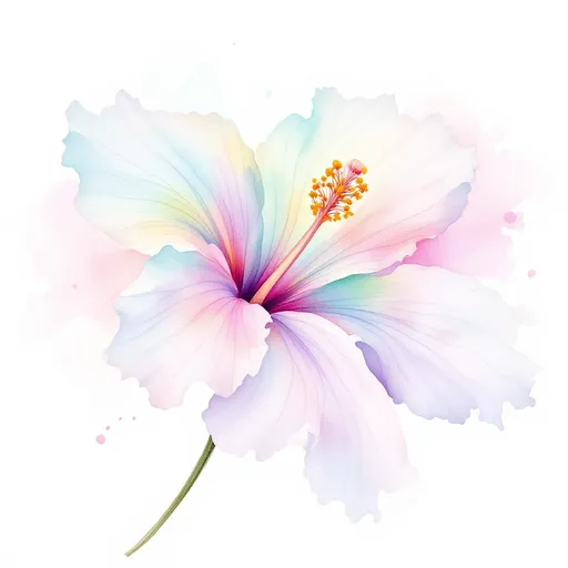 Prompt: Egy vízfestékkel készült festmény, egy hibiszkuszról. A virág szírmai elmosódott, lágy kifakult pasztellszínekkel. Minden szirmon, és a szárán is finom, nem szabályos grafitszínű kontúrok láthatók. A kontúr vonalak eltolódva látszanak, a virág szírmai mentén. A festmény stílusa lágy, akvarell hatású, a háttér világos, és elmosódott, sok pasztellszínű vízfesték szétfröccsenve, kifolyva