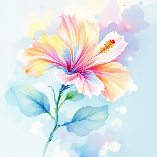 Prompt: Egy vízfestékkel készült festmény, egy hibiszkuszról. A virág szírmai elmosódott, lágy kifakult pasztellszínekkel. Minden szirmon, és a szárán is finom, nem szabályos grafitszínű kontúrok láthatók. A kontúr vonalak eltolódva látszanak, a virág szírmai mentén. A festmény stílusa lágy, akvarell hatású, a háttér világos, és elmosódott, sok pasztellszínű vízfesték szétfröccsenve, kifolyva