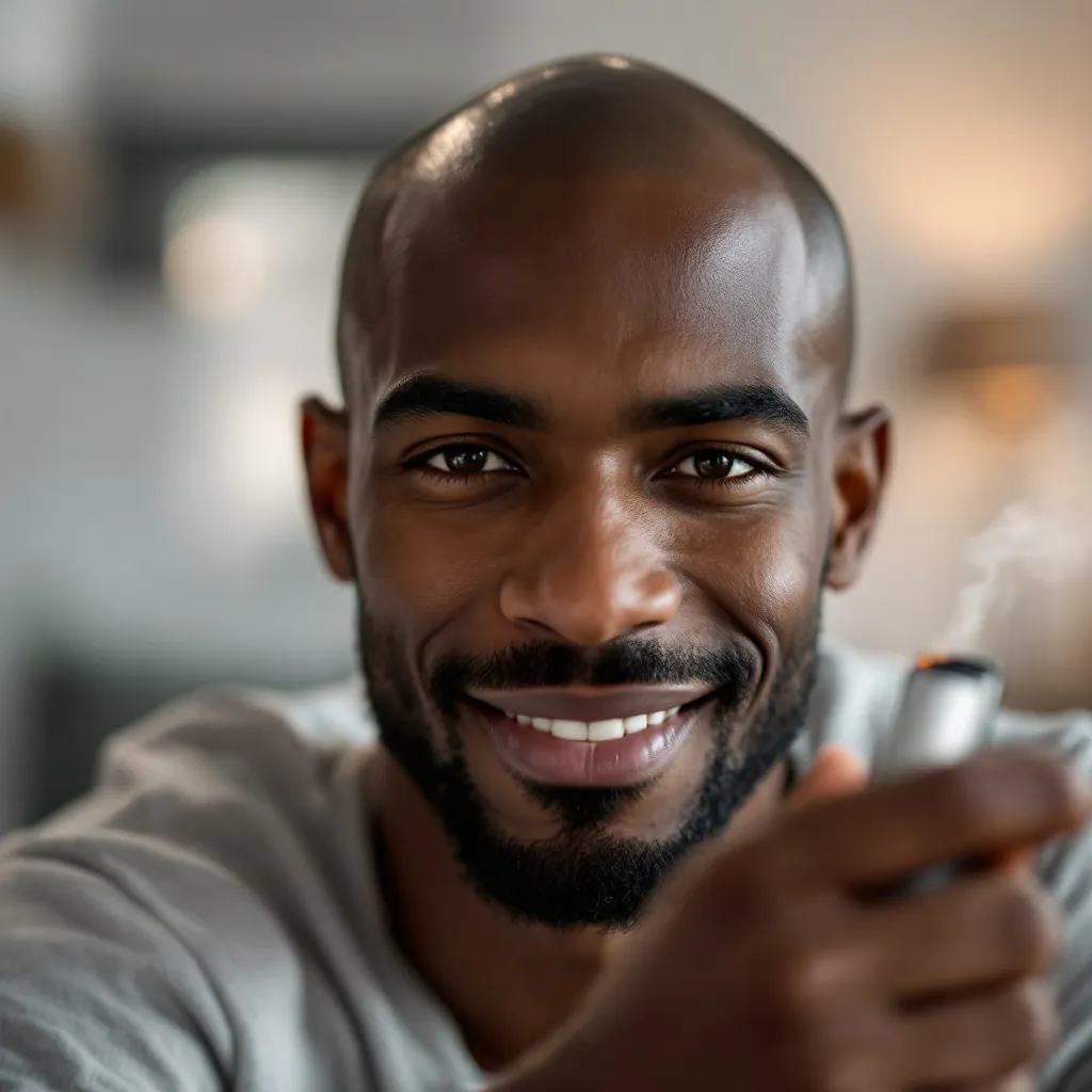 Prompt: A young bald man brown skin smoking iqos