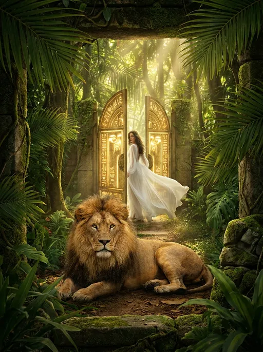 Prompt: high quality life like lion  laying in a jungle  path leading through an open mystical golden gate with a beautiful woman in a flowing white gown beside it. Vegetation on the outer sides, top and bottom of the image with the lion as the focal point.Portrait orientation