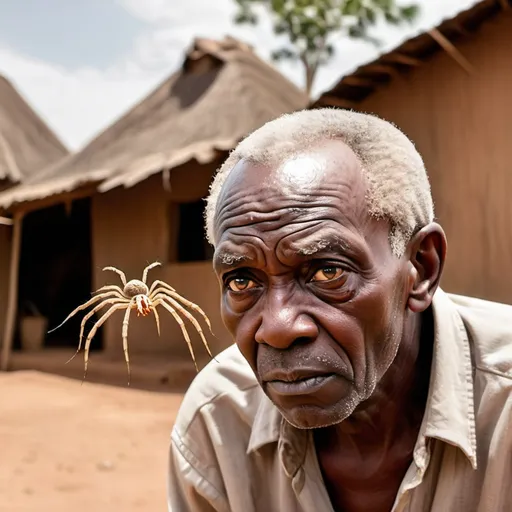 Prompt: Create an image of an older African man staring at a spider in a village
