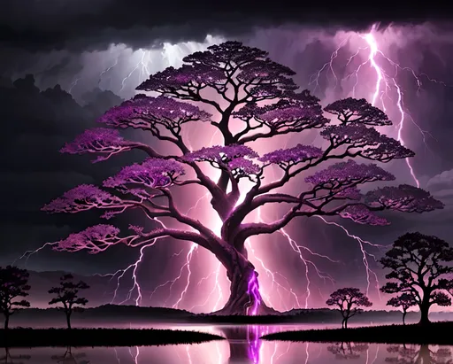 Prompt: a hot pink and purple tree of life glowing casting its reflection on a pool of water in front of it and stormy skies with lightning flashing in the background