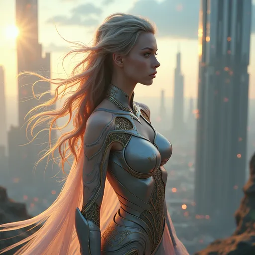 Prompt: hyperrealistic cinematic portrait of a fantasy sci-fi female model standing in a vast futuristic metropolis under a glowing sky filled with orbital structures and levitating ships — she wears a hybrid armor-gown forged from living alloys, translucent energy membranes, and nanocrystal filigree that ripples like liquid glass — her hair floats in the ambient gravitic field, shimmering with quantum luminescence — intricate runic tattoos emit faint photon trails across her skin — reflections of neon holograms cascade across her face, soft subsurface scattering, global illumination — photoreal volumetric lighting, bokeh depth of field, cinematic lens flare, atmospheric perspective with fine dust motes — architecture blends post-cyberpunk megastructures and ancient celestial temples suspended in midair — dramatic three-point lighting highlighting metallic fabric and energy veins — composition framed in golden ratio, shot on a 135 mm f/1.4 lens, 32k texture realism, hyper-detailed anatomy, ultra-sharp focus on eyes — artstyle fusion of Weta Digital, Syd Mead, Beeple, Greg Rutkowski, and Ruan Jia — mood evokes divine transcendence, mysterious authority, and serene power — masterpiece concept art, magazine cover, cinematic color grading, unreal engine 5 rende
