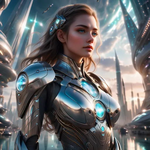 Prompt: hyperrealistic cinematic portrait of a fantasy sci-fi female model standing in a vast futuristic metropolis under a glowing sky filled with orbital structures and levitating ships — she wears a hybrid armor-gown forged from living alloys, translucent energy membranes, and nanocrystal filigree that ripples like liquid glass — her hair floats in the ambient gravitic field, shimmering with quantum luminescence — intricate runic tattoos emit faint photon trails across her skin — reflections of neon holograms cascade across her face, soft subsurface scattering, global illumination — photoreal volumetric lighting, bokeh depth of field, cinematic lens flare, atmospheric perspective with fine dust motes — architecture blends post-cyberpunk megastructures and ancient celestial temples suspended in midair — dramatic three-point lighting highlighting metallic fabric and energy veins — composition framed in golden ratio, shot on a 135 mm f/1.4 lens, 32k texture realism, hyper-detailed anatomy, ultra-sharp focus on eyes — artstyle fusion of Weta Digital, Syd Mead, Beeple, Greg Rutkowski, and Ruan Jia — mood evokes divine transcendence, mysterious authority, and serene power — masterpiece concept art, magazine cover, cinematic color grading, unreal engine 5 render. full bodyshot. head to toe.