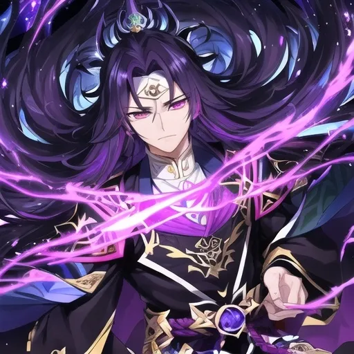 Prompt: Anime-style illustration inspired by Kimetsu no Yaiba and GrandChase. A powerful and imposing dark knight, exuding an aura of absolute superiority. He has long, dark purple hair that flows around his face, with piercing eyes that radiate authority and dominance. His armor is ornate and majestic, combining deep shades of dark purple, gold, and white, with intricate designs that emphasize his status as the strongest warrior in the world. The armor features elegant, flowing details, evoking both strength and grace.

Void's presence commands respect, and his facial expression is stern, with a slight smirk that suggests his confidence in his unparalleled abilities. His soul manifests as a swirling, ominous black hole, surrounded by a dark aura that shifts and warps the air around him, representing his control over the universe and his ability to create black holes.

The background is a cosmic, otherworldly space, symbolizing his dominion over the universe. The illustration features high-quality shading, dynamic lighting, and detailed textures, with a focus on Void’s regal and overpowering presence, capturing the intensity and grandeur of anime art."