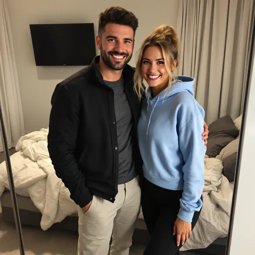 Prompt: In a cozy indoor setting, a couple takes a cheerful selfie, both smiling brightly at the camera, which captures their affectionate pose. The man, dressed in a dark jacket and light-colored pants, stands with his arm around the woman, who is cozy in a light blue sweatshirt and black pants. Behind them, a bed with rumpled white bedding suggests a relaxed environment, while a television and curtains add to the warm, inviting atmosphere of the room. The soft lighting highlights their expressions, conveying a sense of intimacy and joy, as the couple appears to be enjoying a comfortable moment together.