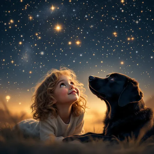 Prompt: 5-year-old child, shoulder-length curly dirty blond hair, hazel eyes, dreamily gazing up at the stars, black Labrador retriever beside her, both captivated by the celestial beauty, night sky filled with twinkling stars and ethereal glow, serene and whimsical atmosphere, ultra-detailed, soft lighting, heartwarming and innocent mood, high quality, emotionally evocative scene.