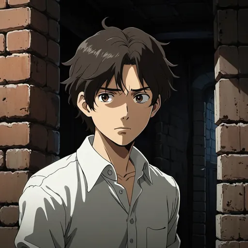 Prompt: 2d studio ghibli anime style, In a dimly lit interior, the face of a young man fills the frame, his expression serious and contemplative as he gazes directly at the camera. His dark hair is neatly styled, and he wears a crisp white button-down shirt that contrasts sharply with the rough, textured backdrop of weathered bricks, giving the scene a stark monochrome quality. Behind him, a doorway leads into shadowy depths, hinting at a rustic environment, possibly a home or a workspace, where the elements of daily life blend with the age-worn walls. The lighting casts soft shadows across his face, enhancing the sense of intimacy and intensity, as if capturing a moment of introspection or self-reflection amidst a seemingly ordinary setting. The overall mood conveys a blend of resilience and depth, inviting the viewer to ponder the story behind this quiet moment.