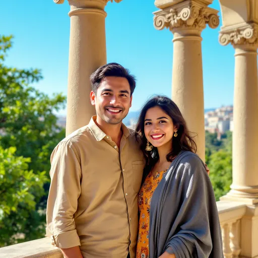 Prompt: Bathed in bright natural light, a picturesque setting features two individuals standing closely together against a backdrop of ornate stone columns, indicative of an architectural style that conveys historical finesse. One person wears a beige shirt, with a relaxed expression, while the other is dressed in a vibrant, patterned outfit complemented by a grey shawl, showcasing a cheerful demeanor. The green foliage visible in the background hints at an outdoor location, possibly a garden or park, with hints of a busy urban area just beyond the trees. The warm tones of the stonework contrast with the clear blue sky, creating a sense of serenity and joy in this candid moment, highlighting a narrative of friendship or togetherness.