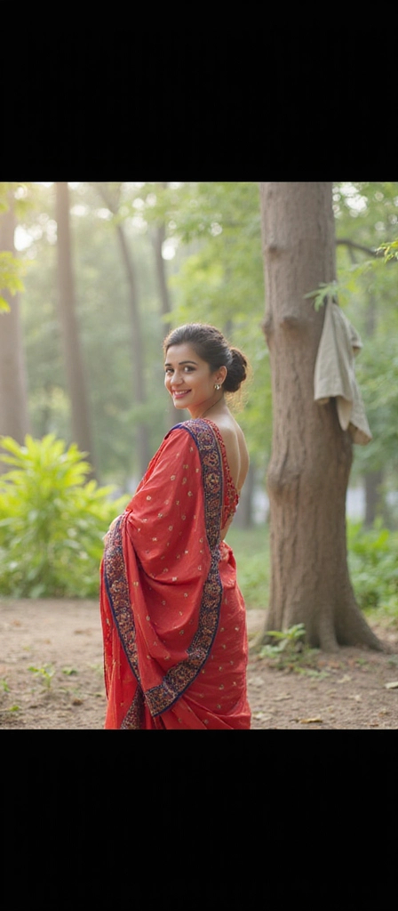 Prompt: In a serene outdoor setting, a young woman stands gracefully with her back turned towards the camera, highlighting her vibrant attire. She wears a striking red sari adorned with intricate patterns and bold polka dots, which drapes elegantly around her. The background features lush greenery with tall trees and soft sunlight filtering through, creating a tranquil atmosphere. Her hair is styled in a neat bun, and she glances over her shoulder, revealing a cheerful smile that brightens the scene. Nearby, a piece of fabric hangs from a tree, subtly enhancing the rustic charm of this picturesque moment.
