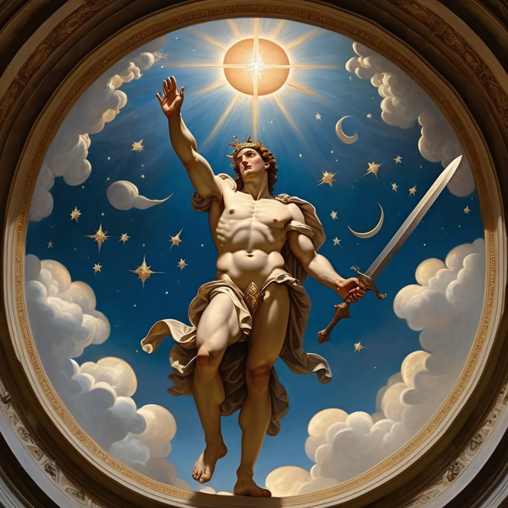 Prompt: the whole body of the god orion up in the sky foreshortened like a renaissance ceiling painting so we are looking up at him in the sky as if we were standing directly beneath him and we see the  soles of his feet and he is holding an arm up with a shining sword in victory