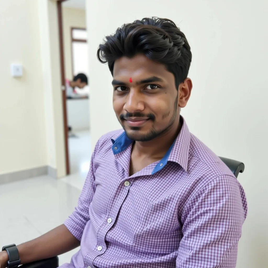 Prompt: A young man sits comfortably in a chair, exuding a calm yet confident demeanor. He is dressed in a checkered shirt featuring shades of purple and blue, which complements his dark hair and skin tone. The background reveals a simple indoor setting, characterized by light-colored walls and minimal decor, suggesting a casual atmosphere. His facial expression is neutral, with a hint of a smile, hinting at an approachable personality. The overall lighting is soft, enhancing the relaxed mood of the scene as he poses for the camera.