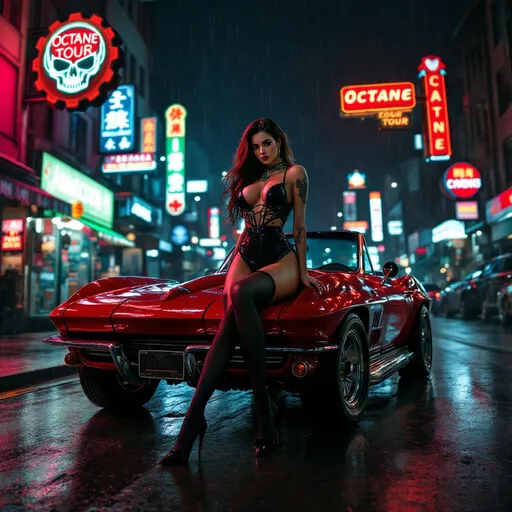 Prompt: Skinny tall tan tattooed brunette woman in business attire and thigh high stockings and high heels leaning against a red corvette in a night street in front of Asian bodegas on a rainy street with multiple neon signs one large sign is a skull inside a gear with words "Octane Tour"