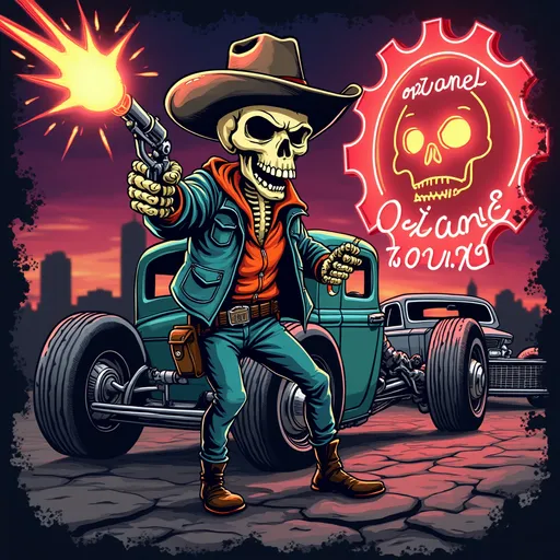 Prompt: A cool car show poster with a skeleton cowboy shooting pistols in the air with a cowboy hat with a hot rod antique truck and a hot rod antique car in the background with a neon sign of a skull inside a gear with the words "octane tour" in a roadside