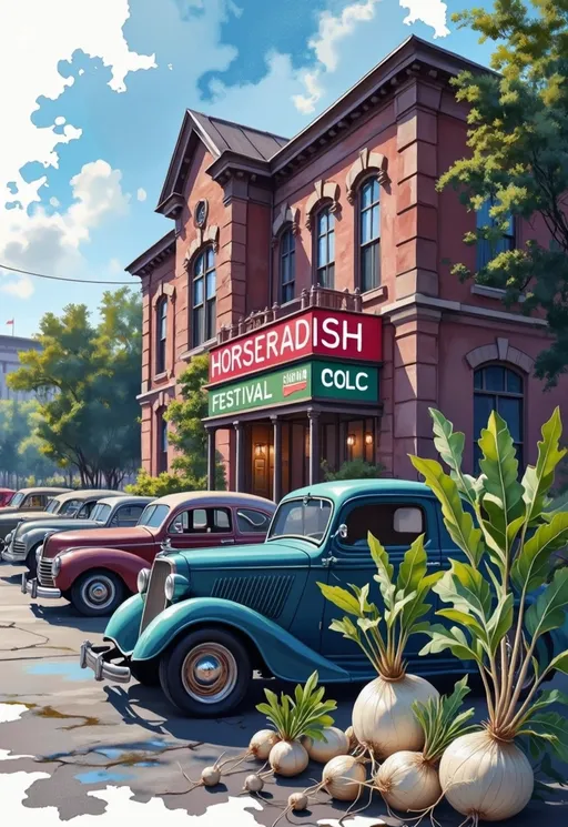 Prompt: A car show poster in front of an old library in a parking lot setting with classic cars and trucks with  horseradish plants and white horesradish roots in background and foreground with a neon sign with the words "International horseradish Festival Car Show"