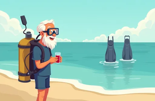 Prompt: beach scene, old man looking at scuba diving air tank, scuba mask, scuba fins, flat illustration, cartoon, vector illustration