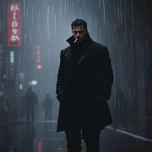 Prompt: A guy is standing in rain with wearing a black coat and pant with a cigarette in mouth and with a name LEGEND