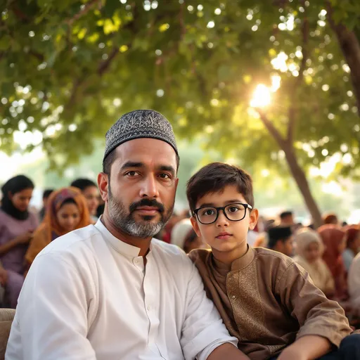 Prompt: Under a warm, sunlit canopy of trees, a father sits closely beside his young son, who wears a traditional cap and glasses, exuding a sense of seriousness and curiosity. Both are dressed in modest attire typical of cultural gatherings, with the father in a white shirt and the child in a patterned outfit, suggesting they are part of a communal event or celebration. Behind them, a variety of individuals, some in traditional garb, create a backdrop of anticipation and community as they engage in quiet conversation. The atmosphere is serene and reflective, enhanced by the soft light filtering through the leaves, capturing a moment of connection amidst a larger gathering.
